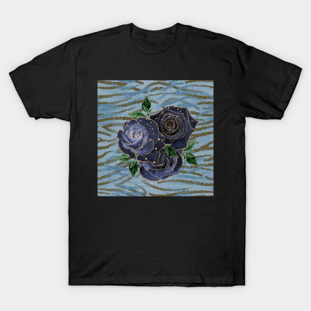 Wild Tiger Stripe Golden Blue Roses T-Shirt by Holisticfox